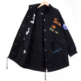 Moderner schwarzer Peter-Pan-Kragen, Reißverschluss, langärmliger Denim-Trenchcoat